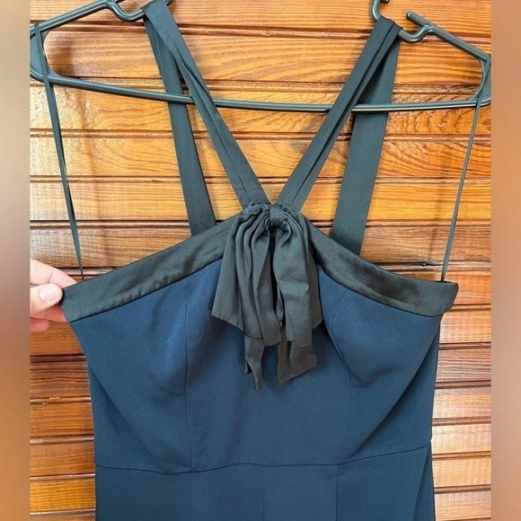 Jay Godfrey Dryden Bow Pleated Jumpsuit Wide Leg Navy Blue Size 2 Black Satin